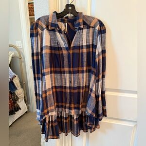 Free People Navy and Tan Plaid Shirt